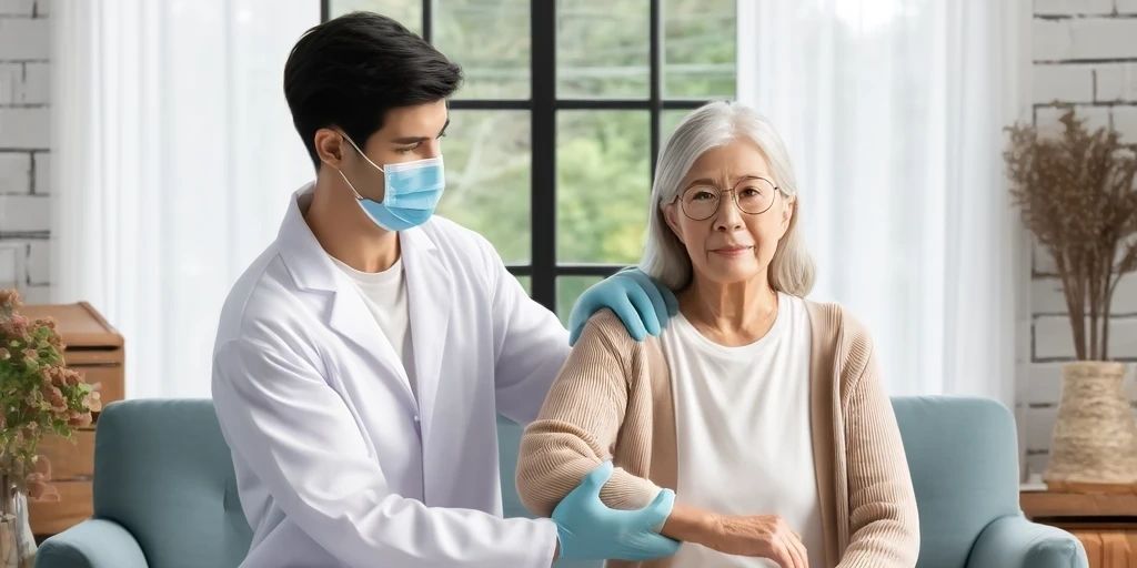 治療師陪伴長者進行居家復健評估